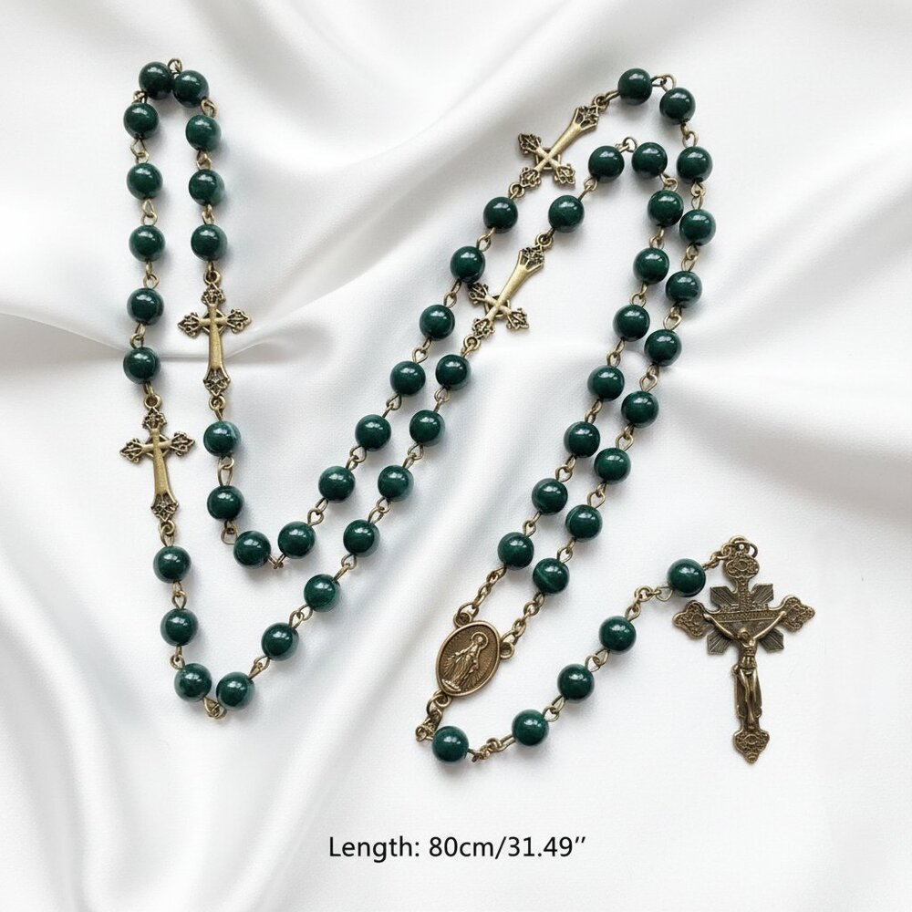 Dark Green Beaded Rosary Antique Brass Crosses Necklace NWOT - Picture 3 of 10